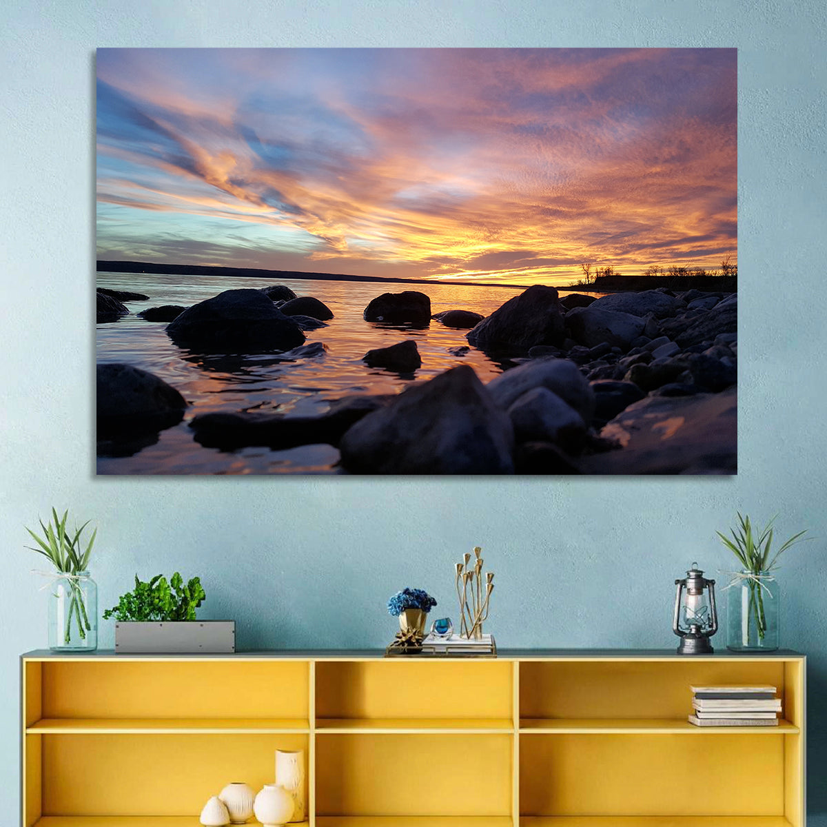 Lake Sakakawea Sunset Wall Art in a room, landscape