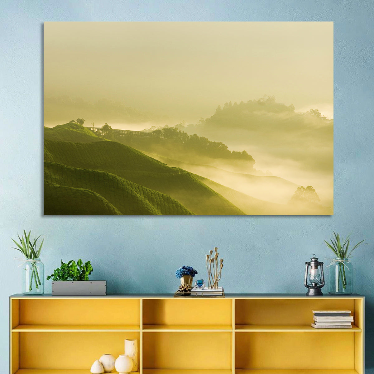Tea Plantation Morning Mist Wall Art in a room, landscape