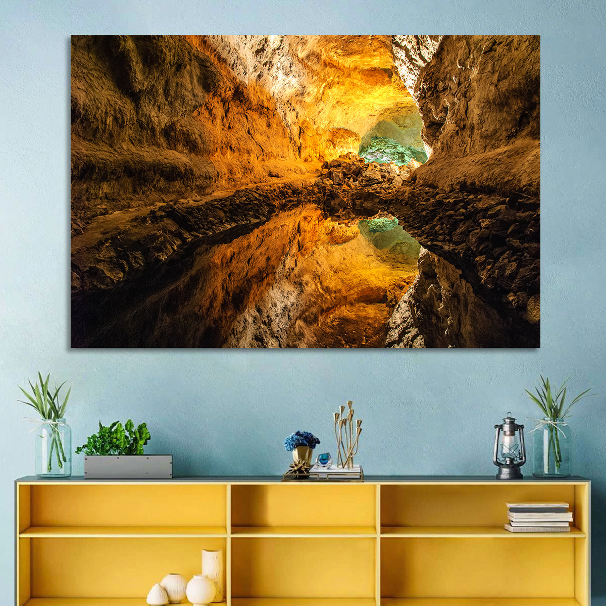 Cave Lake Reflection Wall Art in a room, landscape