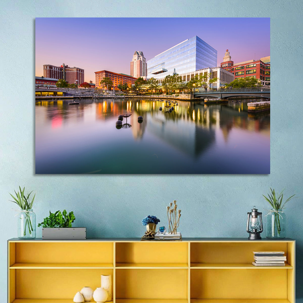 Providence River Skyline at Twilight Wall Art in a room, landscape