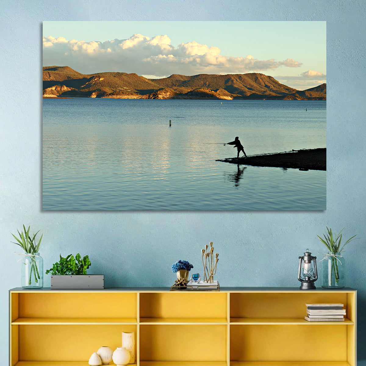 Lake Pleasant Fisherman Silhouette Wall Art in a room, landscape
