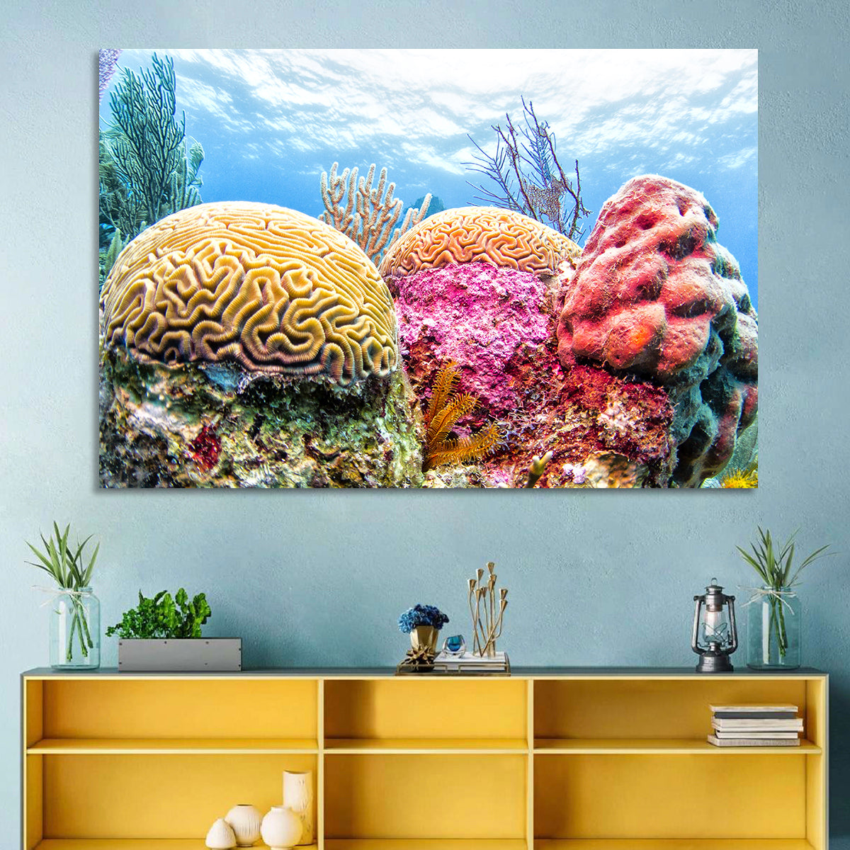 Vibrant Brain Coral Reef Wall Art in a room, landscape