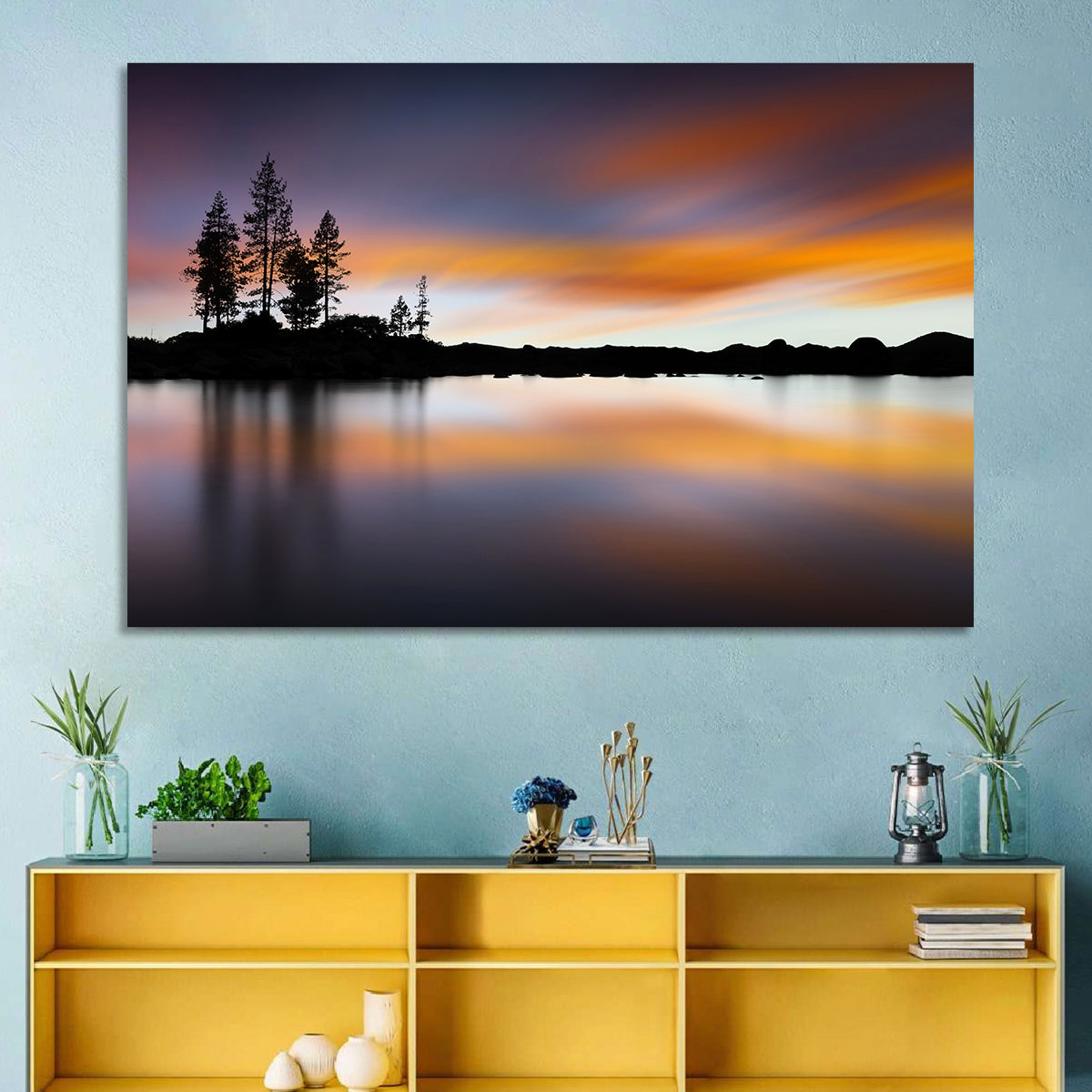 Lake Tahoe Golden Hour Reflection Wall Art in a room, landscape