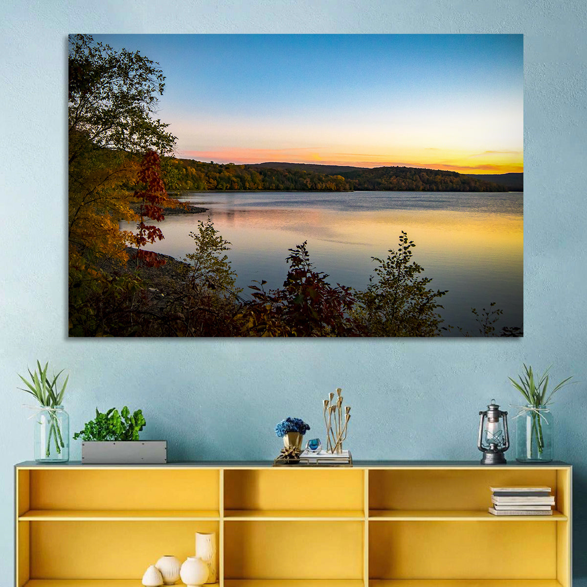 Lake Scranton Sunset Wall Art in a room, landscape