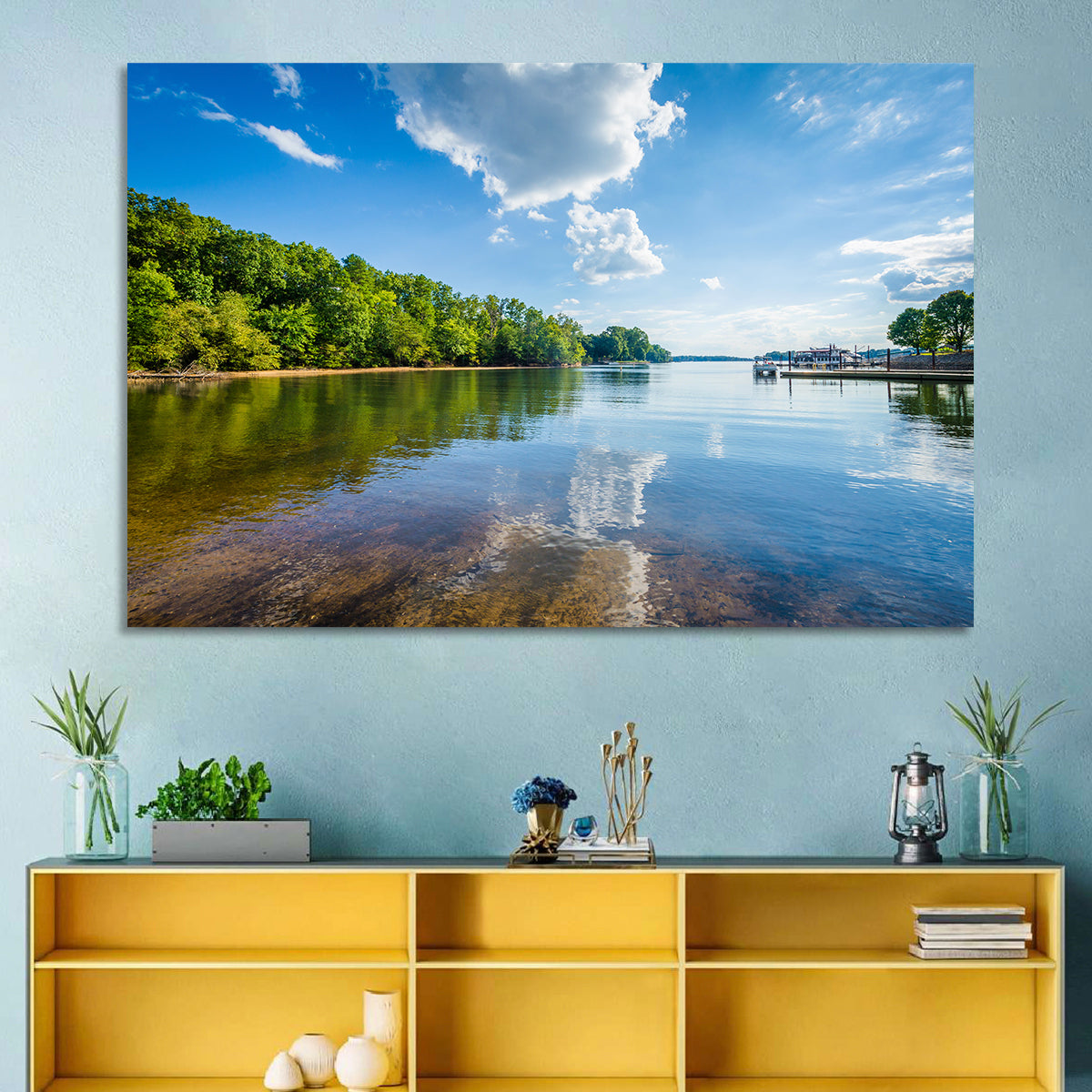 Lake Norman Dockside Reflection Wall Art in a room, landscape