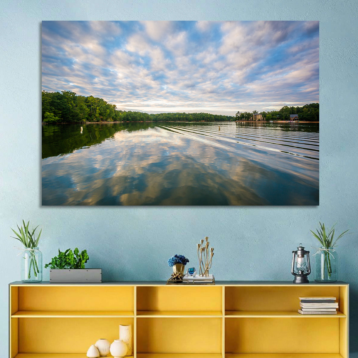 Cloudy Lake Norman Landscape Wall Art in a room, landscape