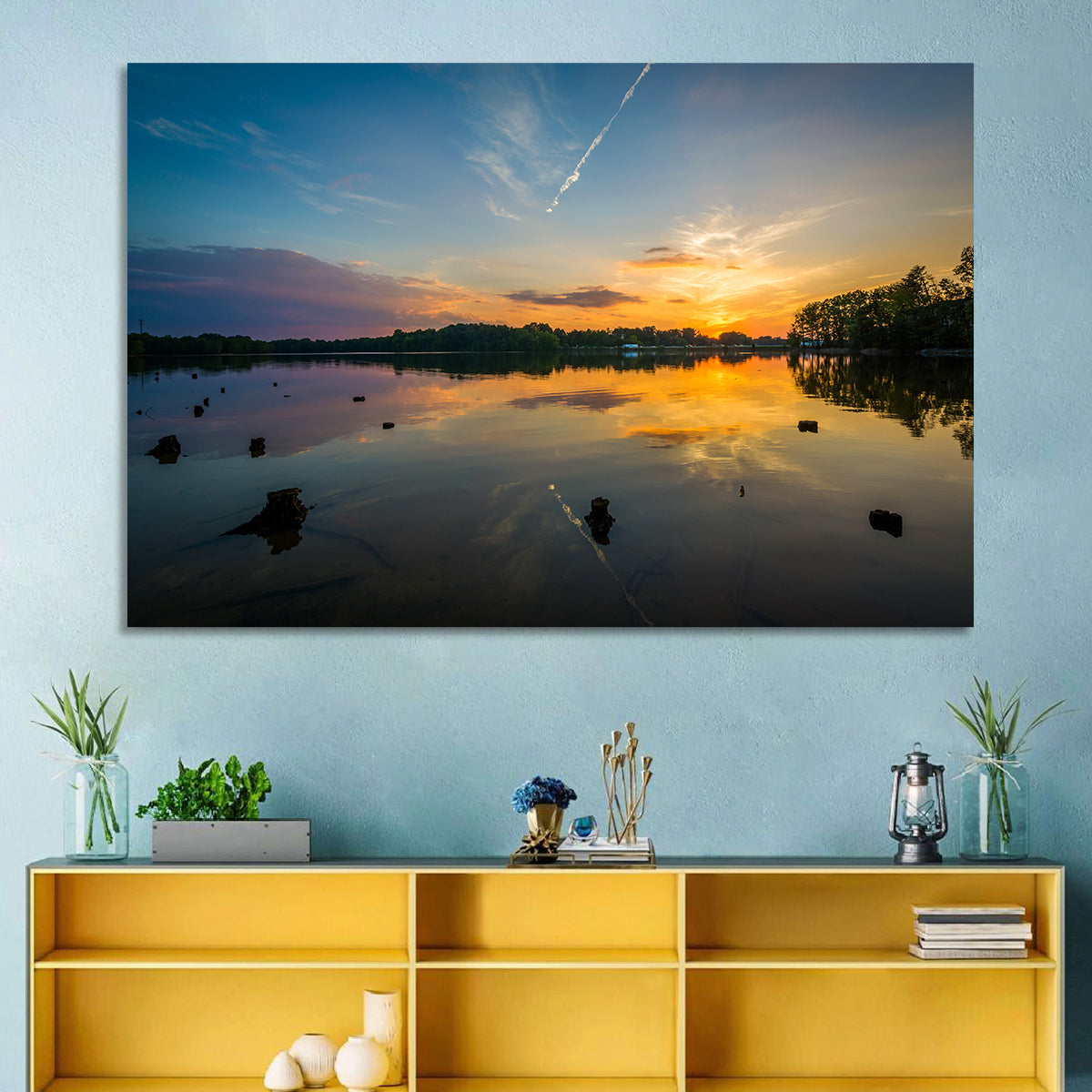 Lake Norman Sunset Reflection Wall Art in a room, landscape