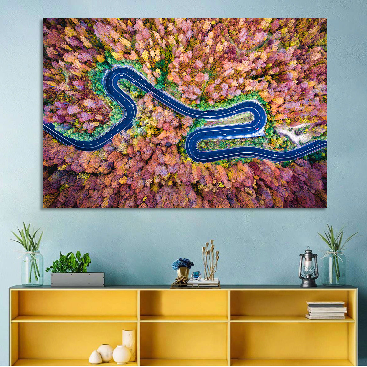 Aerial Winding Road Wall Art in a room, landscape