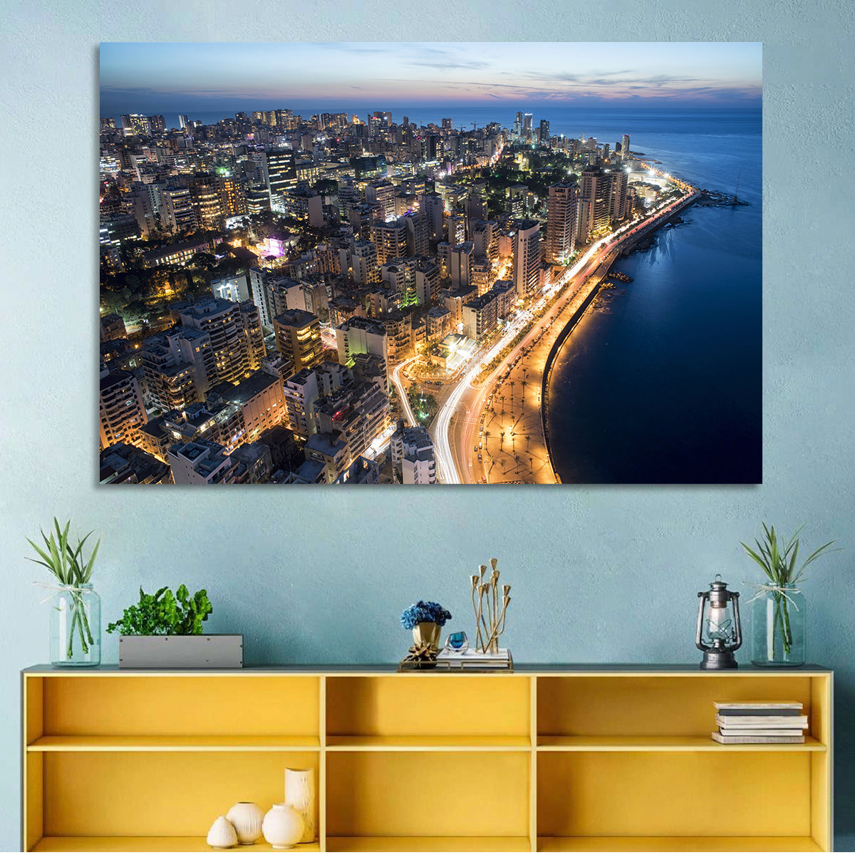 Beirut Corniche at Dusk Wall Art in a room, landscape