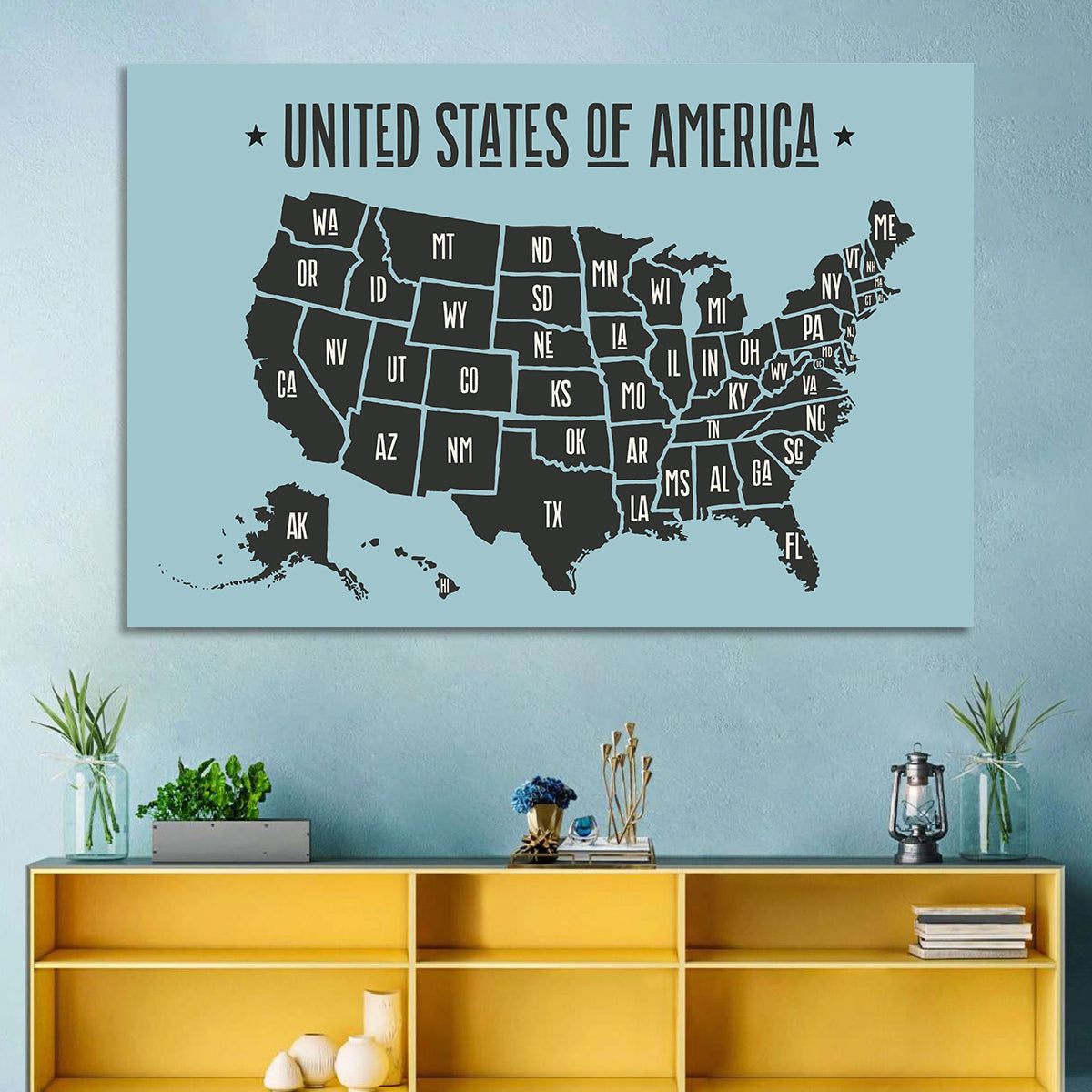 Minimalist USA Map with State Abbreviations Wall Art