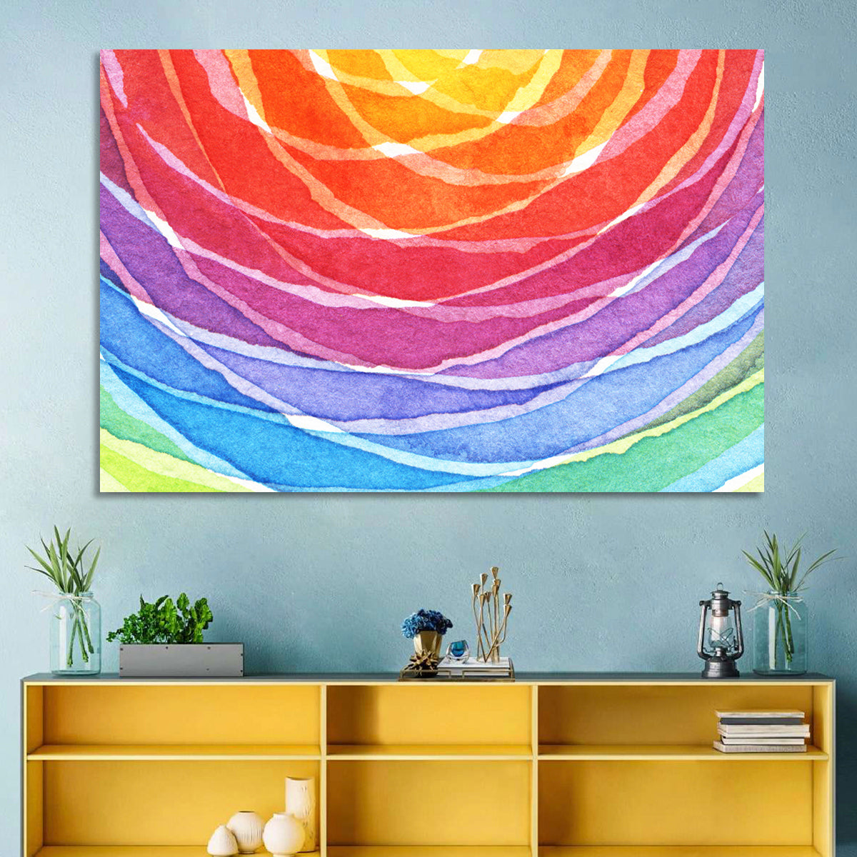 Radiant Rainbow Watercolor Arcs Wall Art in a room, landscape