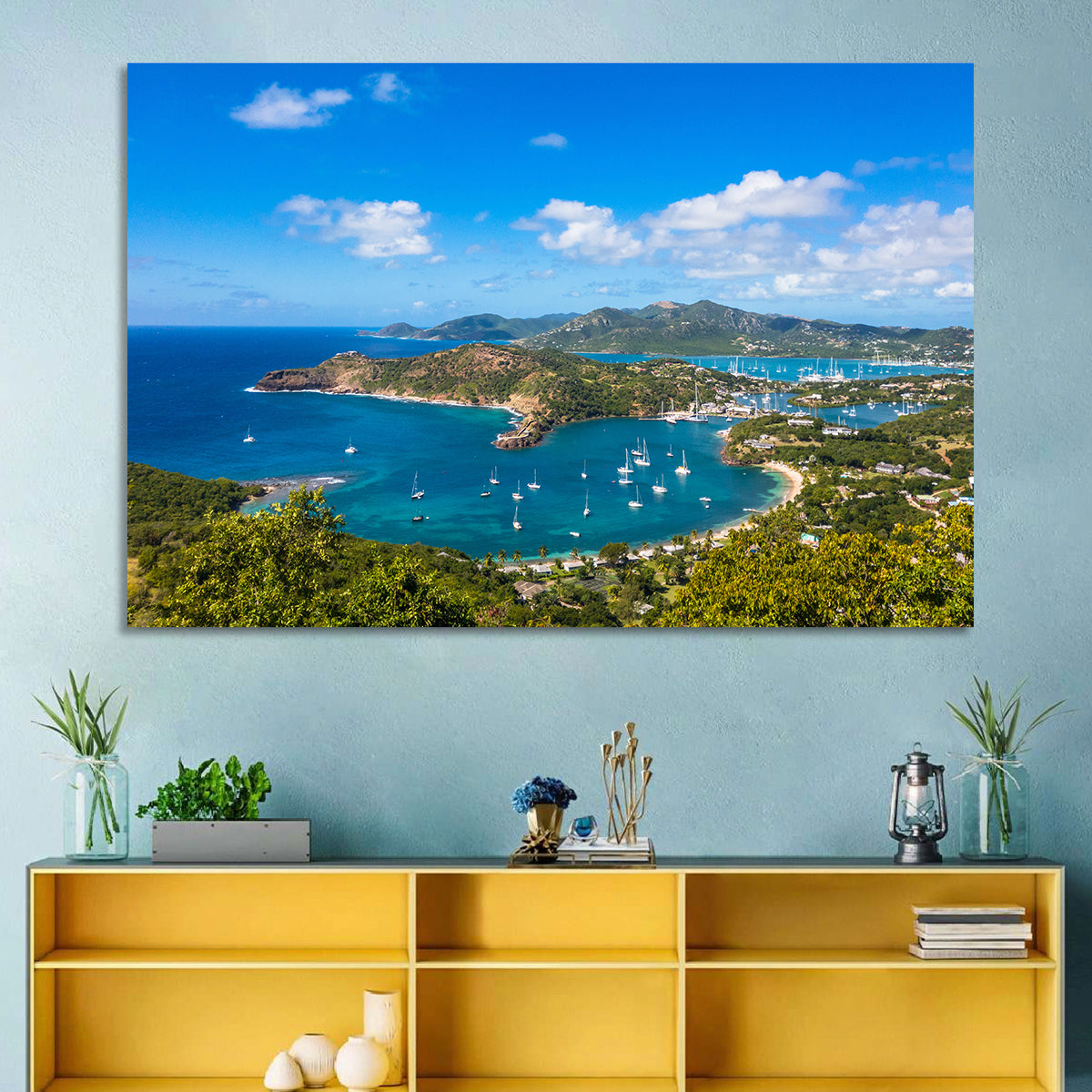Shirley Heights Harbour View Wall Art in a room, landscape
