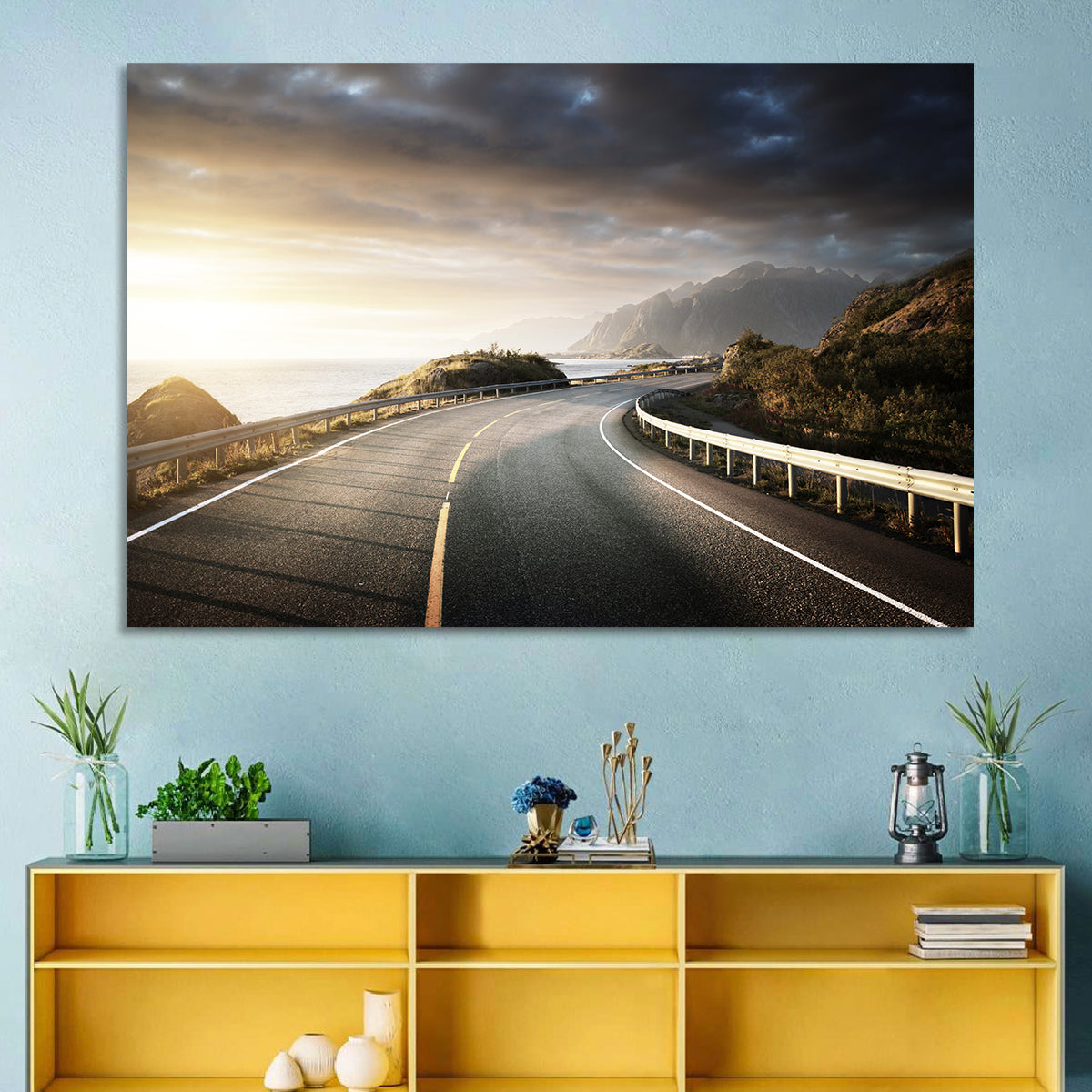 Golden Sunrise Coastal Road Wall Art in a room, landscape