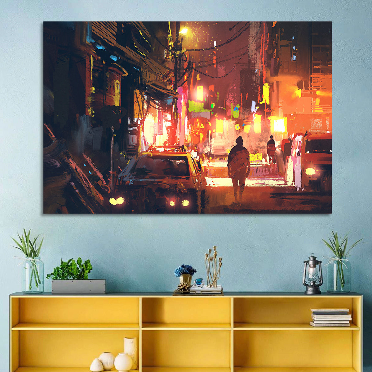 Old Street Lights at Night Wall Art in a room, landscape