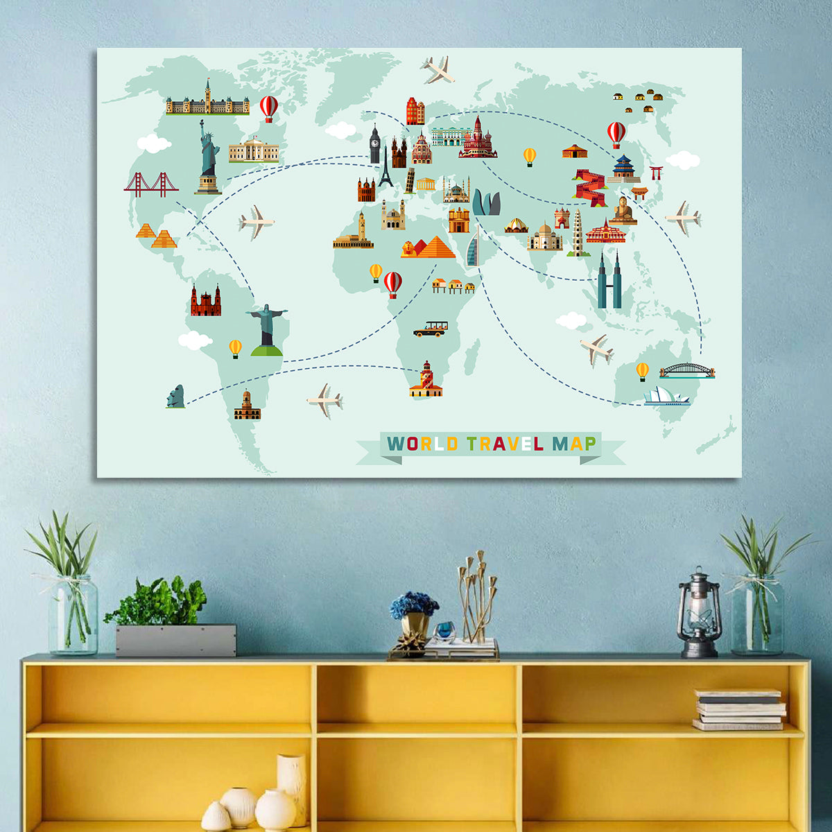 World Travel Map Illustration Wall Art in a room, landscape