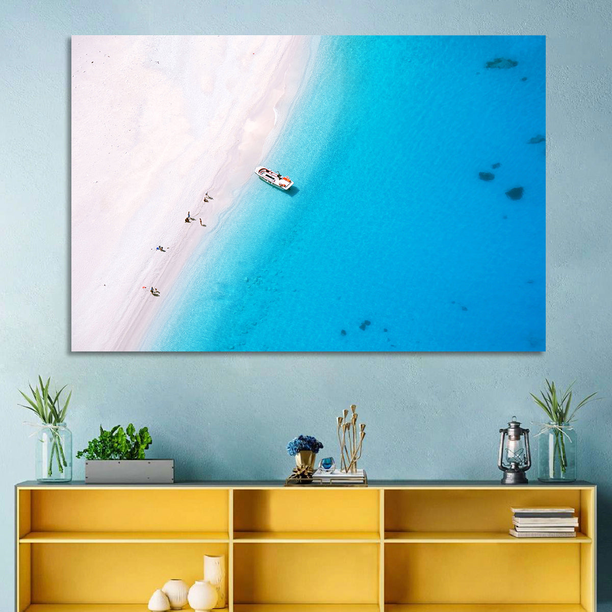 Aerial Beach Bay with White Boat Wall Art in a room, landscape