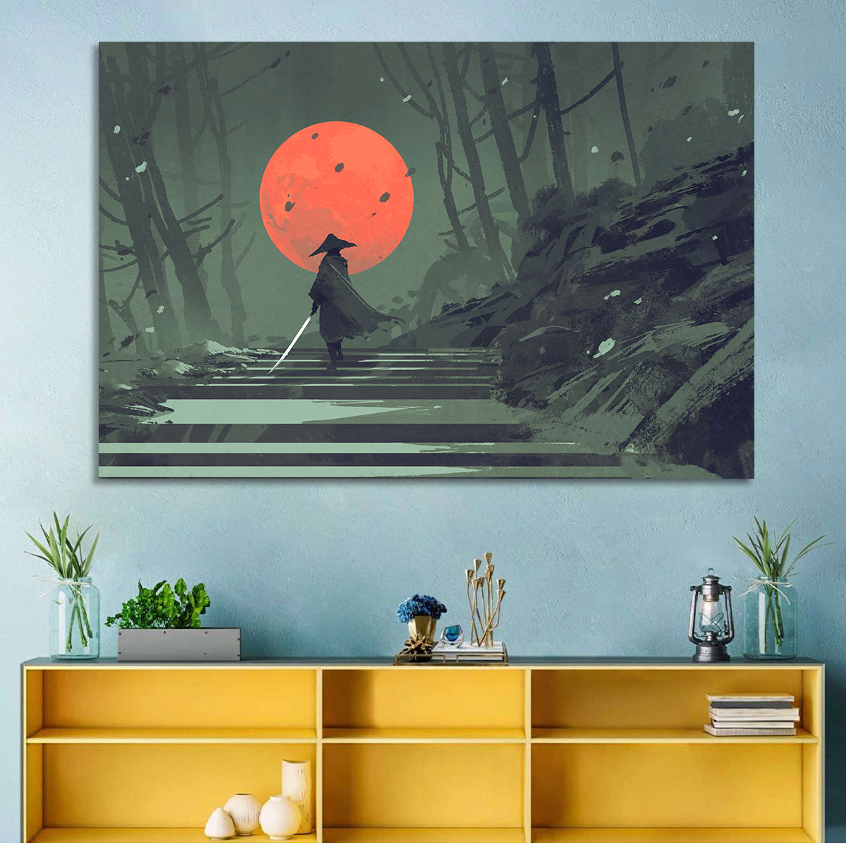 Samurai Under Red Moon Wall Art in a room, landscape