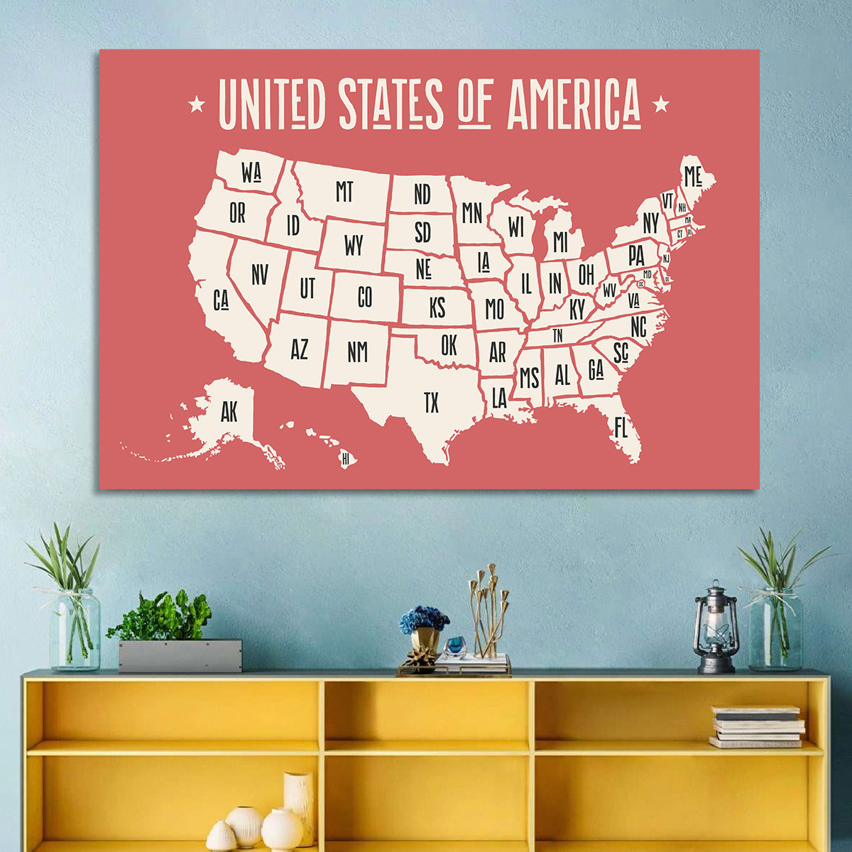 United States Map with State Abbreviations Wall Art in a room, landscape