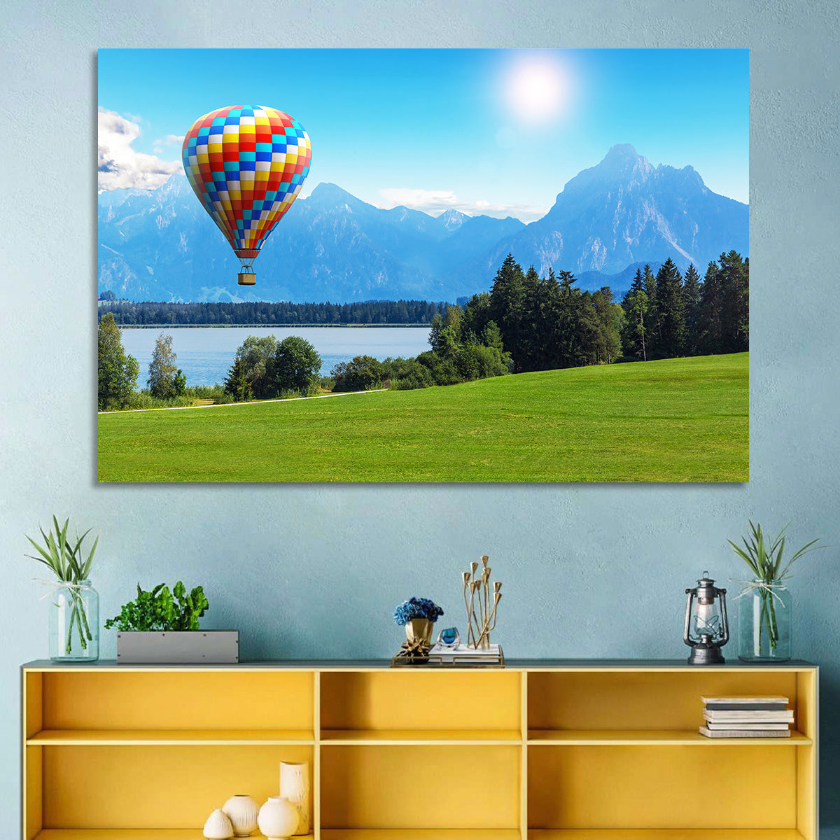 Bavarian Lake with Hot Air Balloon Wall Art in a room, landscape
