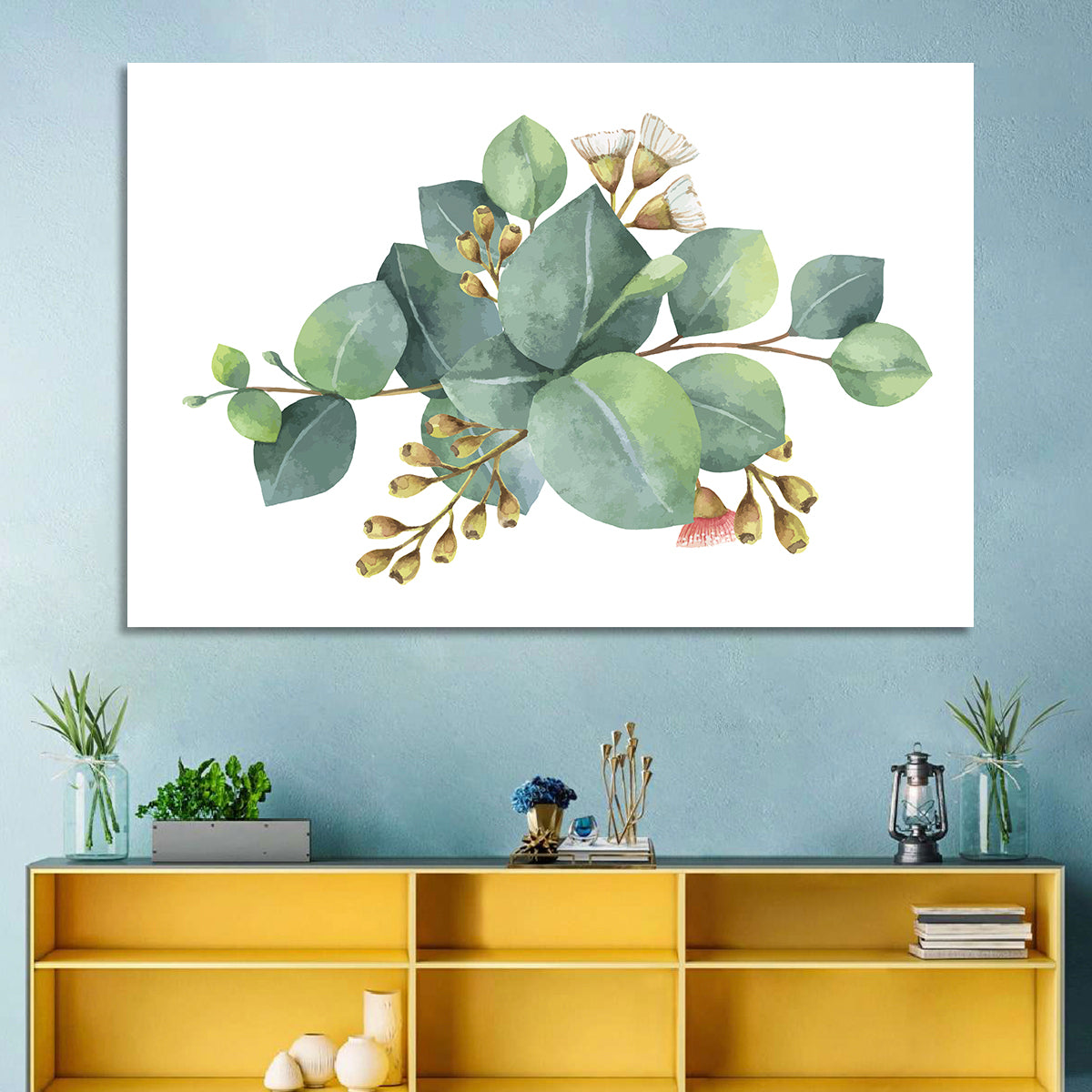Eucalyptus Leaves with Pink Blossom Wall Art in a room, landscape