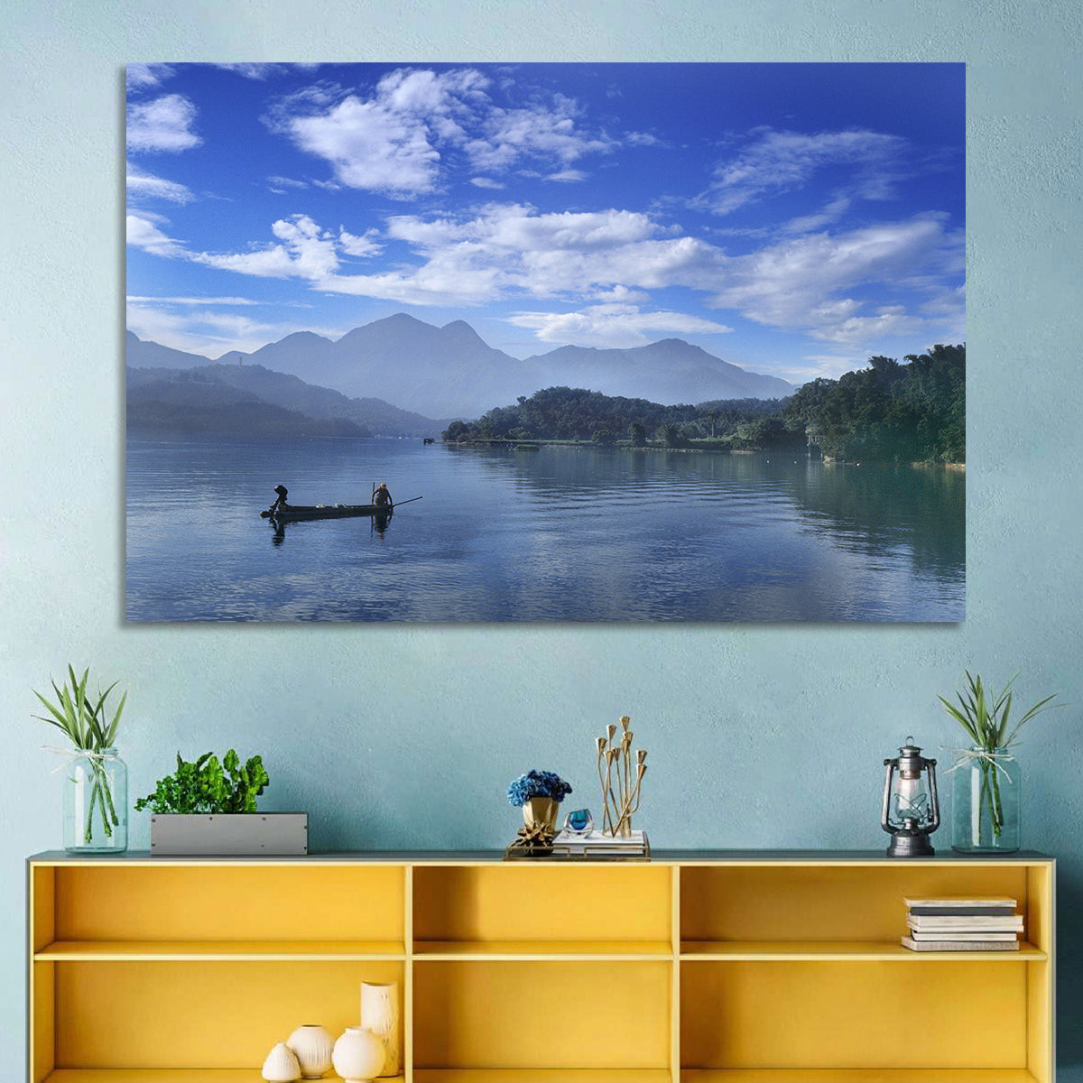 Sun Moon Lake Morning Mist Wall Art in a room, landscape