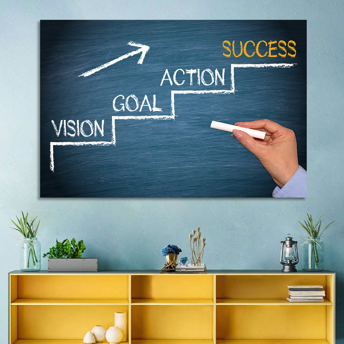 Vision Goal Action Success Chalk Diagram Wall Art in a room, landscape
