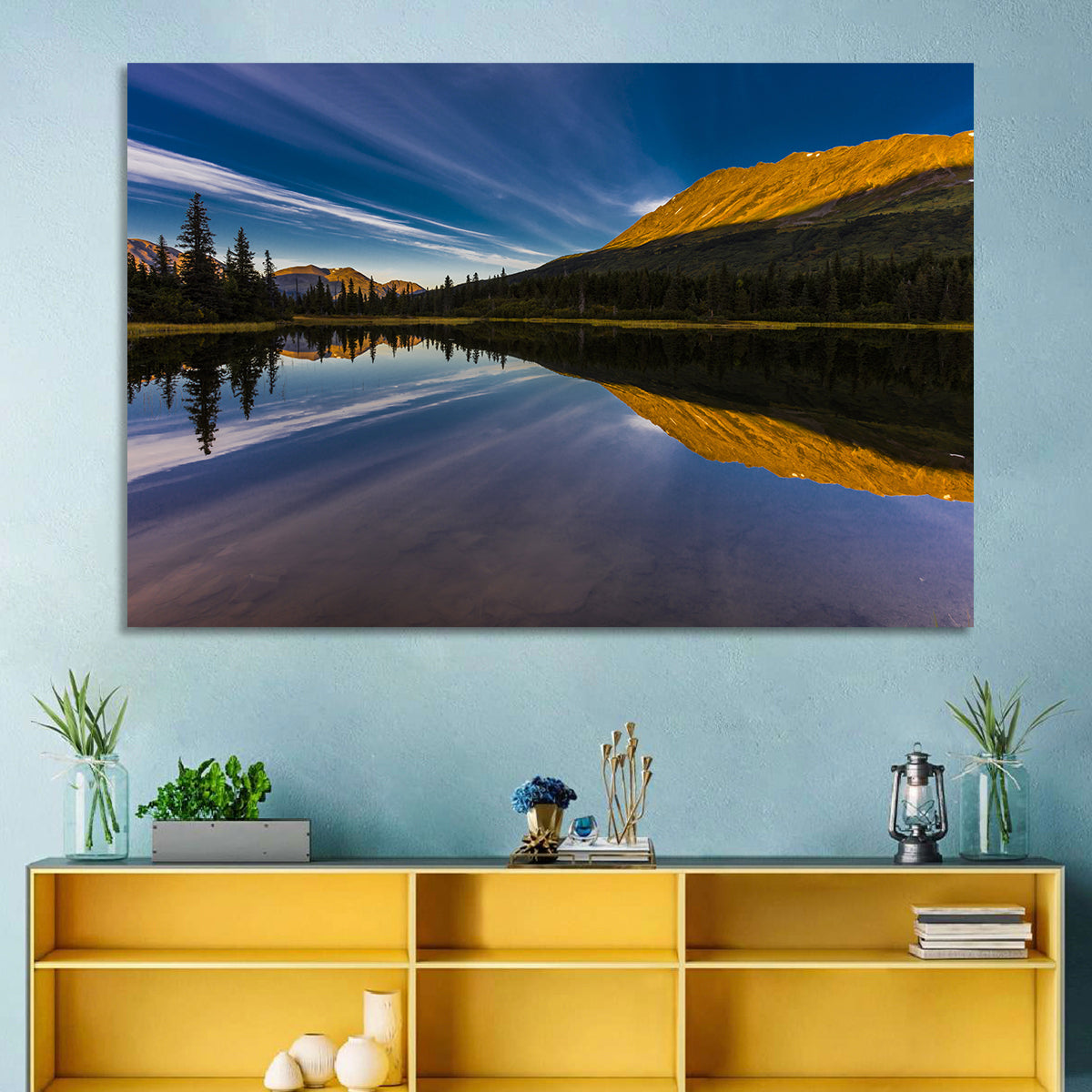 Rainbow Lake at Golden Hour Wall Art in a room, landscape