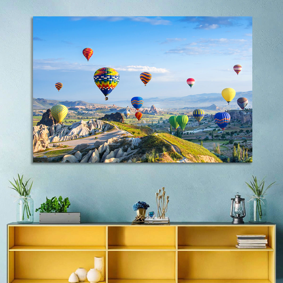 Cappadocia Hot Air Balloons Over Rock Valleys Wall Art in a room, landscape