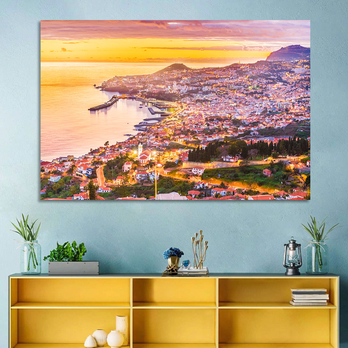 Funchal Harbor at Golden Hour Wall Art in a room, landscape