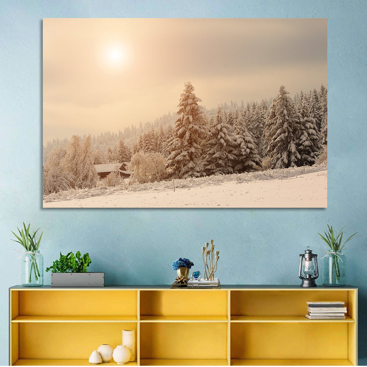 Snowy Pine Forest at Golden Hour Wall Art in a room, landscape