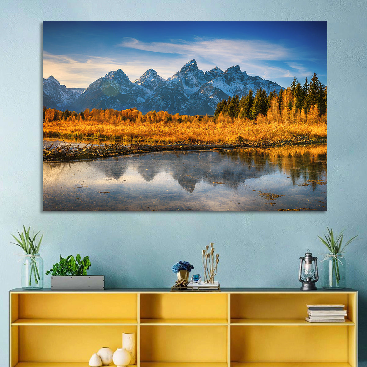 Grand Tetons Golden Reflection Wall Art in a room, landscape