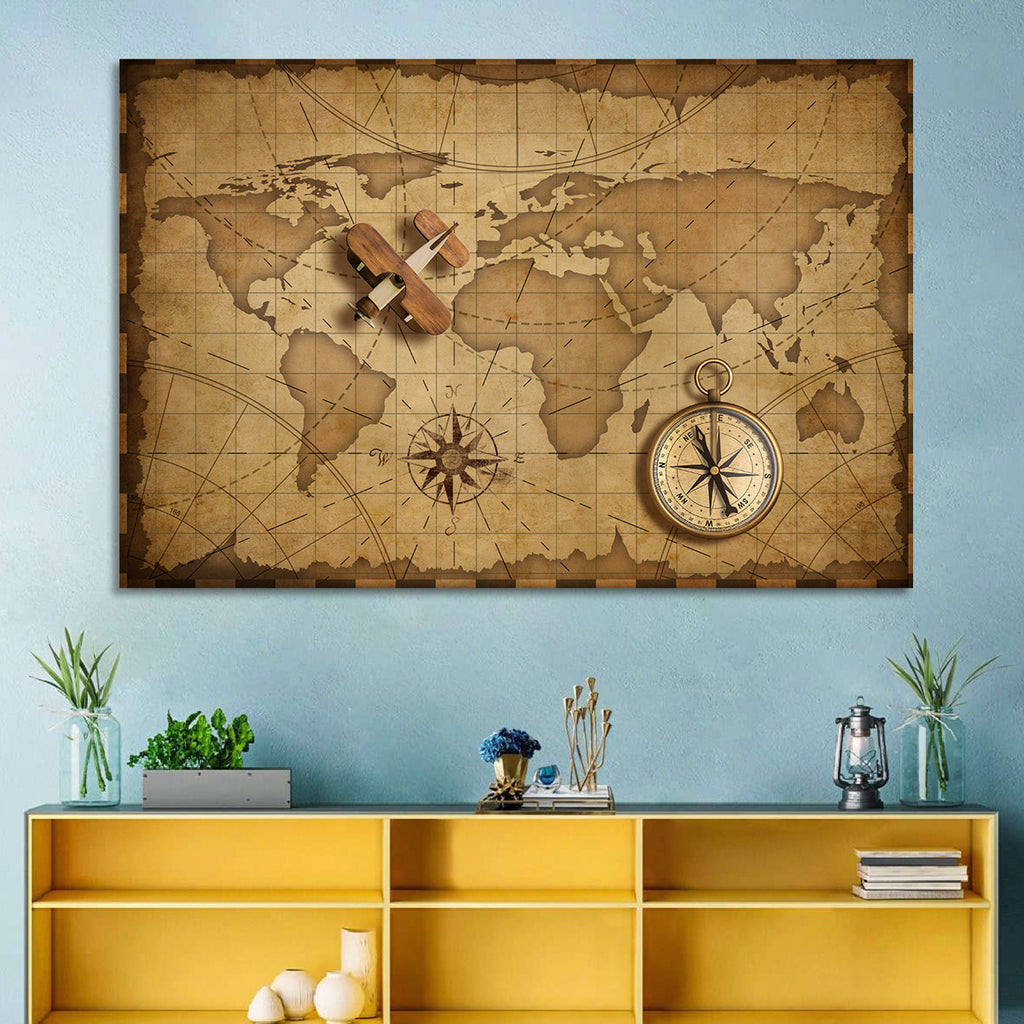 Retro Map with Biplane and Compass Wall Art