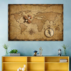 Retro Map with Biplane and Compass Wall Art