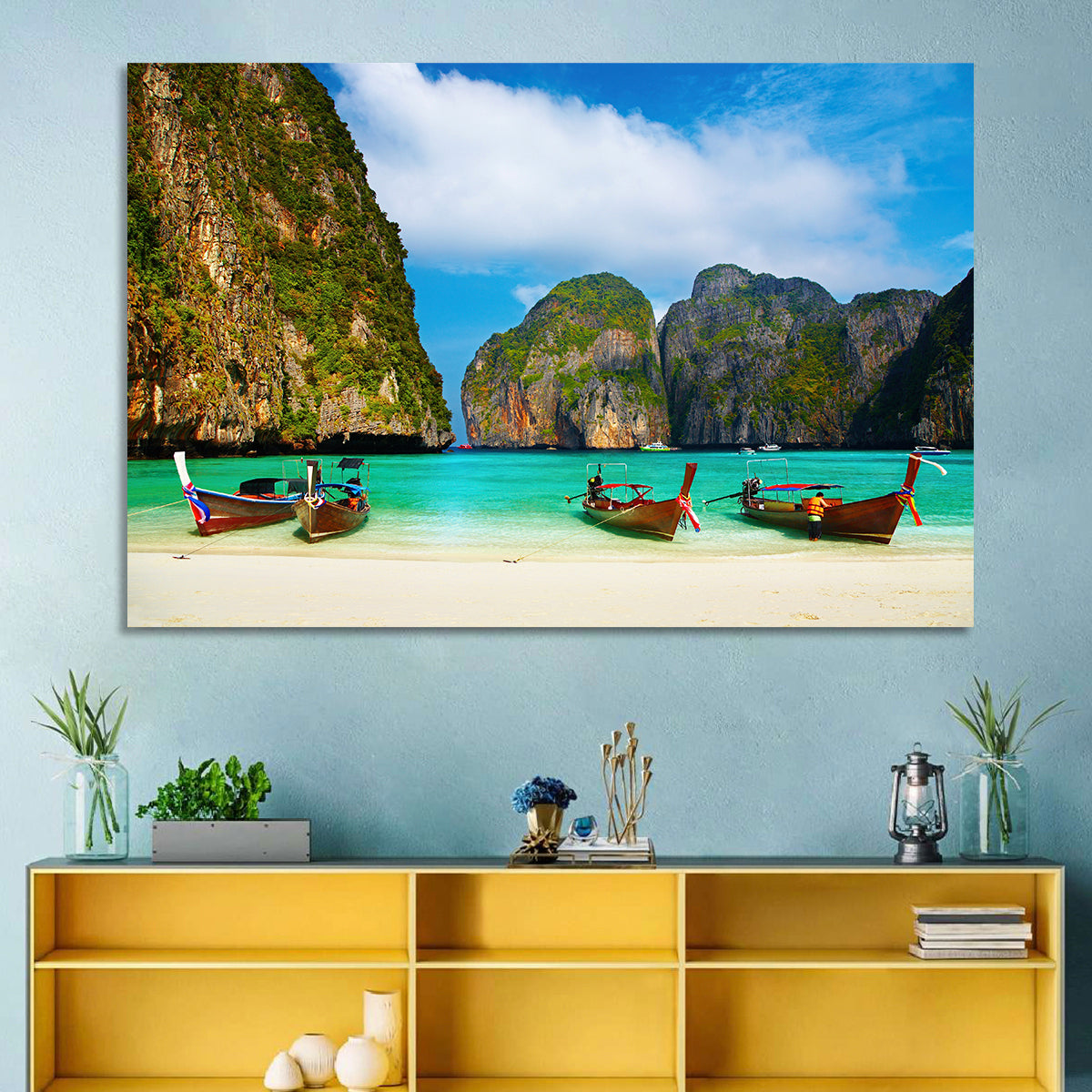 Maya Bay Long-tail Boats Wall Art in a room, landscape