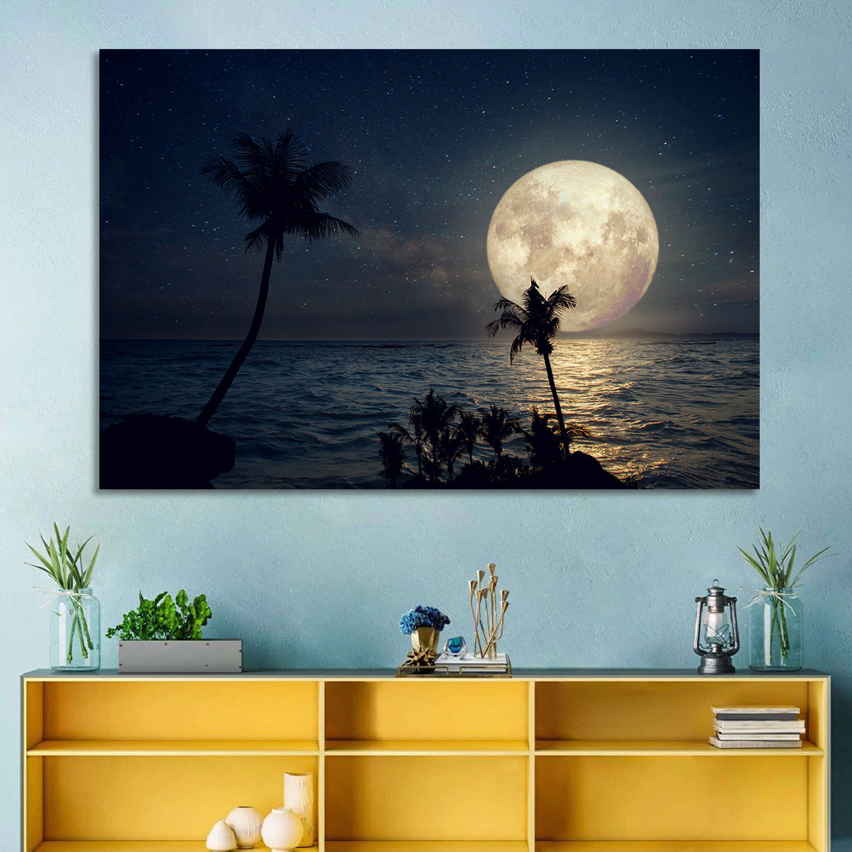Supermoon Over Tropical Beach Wall Art in a room, landscape
