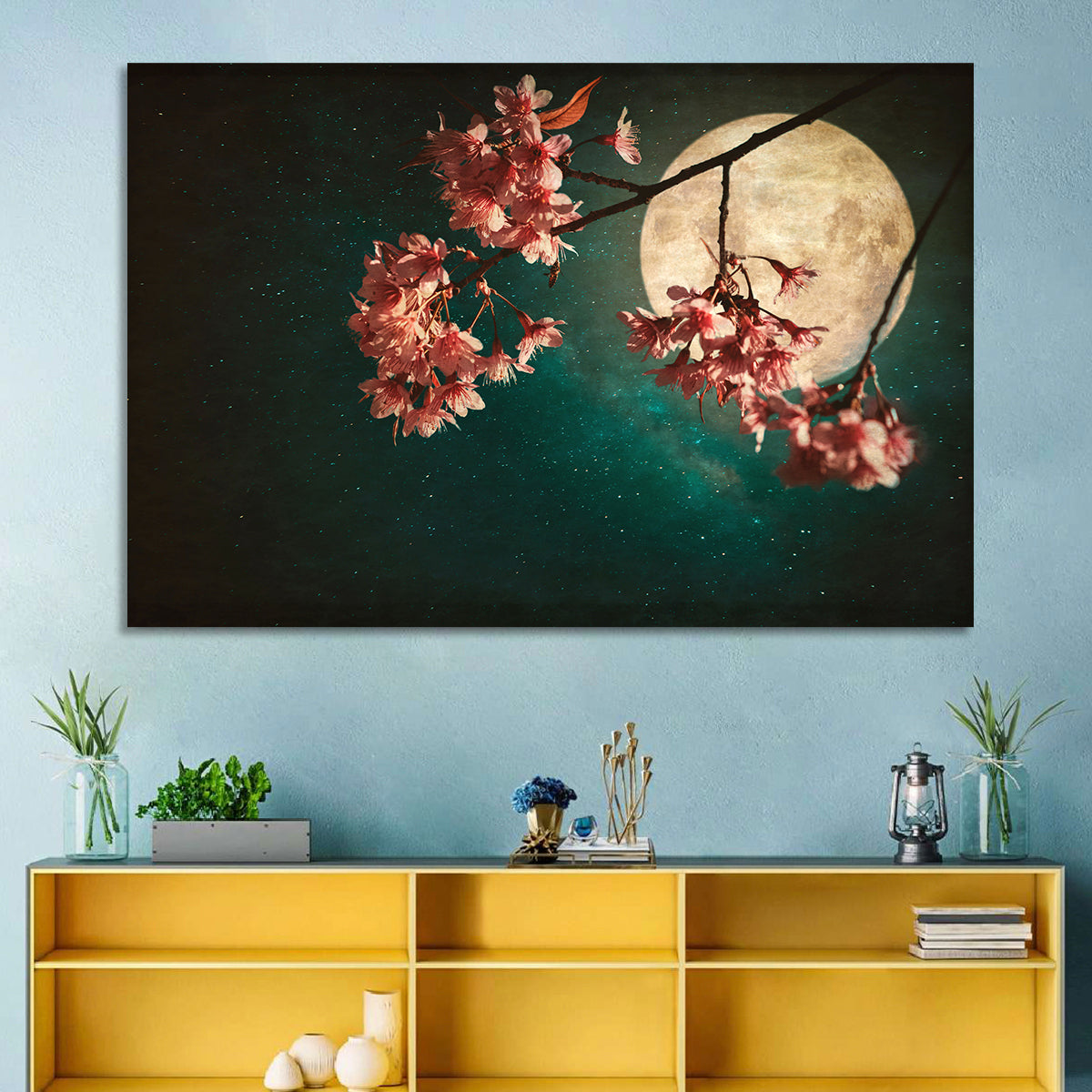 Moonlit Sakura Blossoms Wall Art in a room, landscape