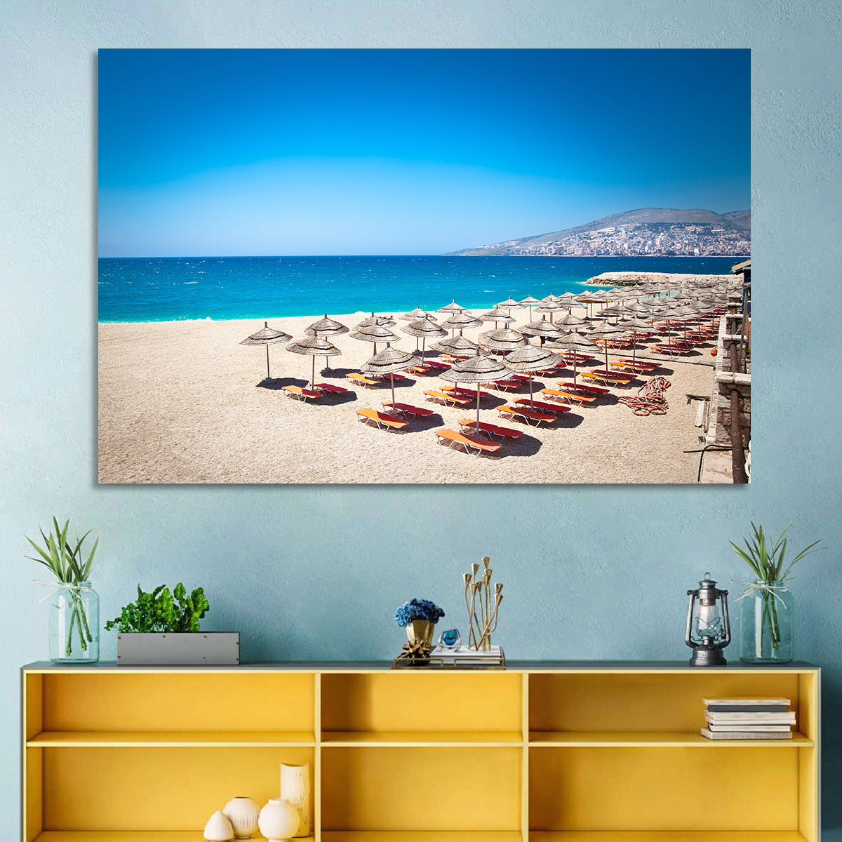 Mango Beach Umbrellas Wall Art in a room, landscape