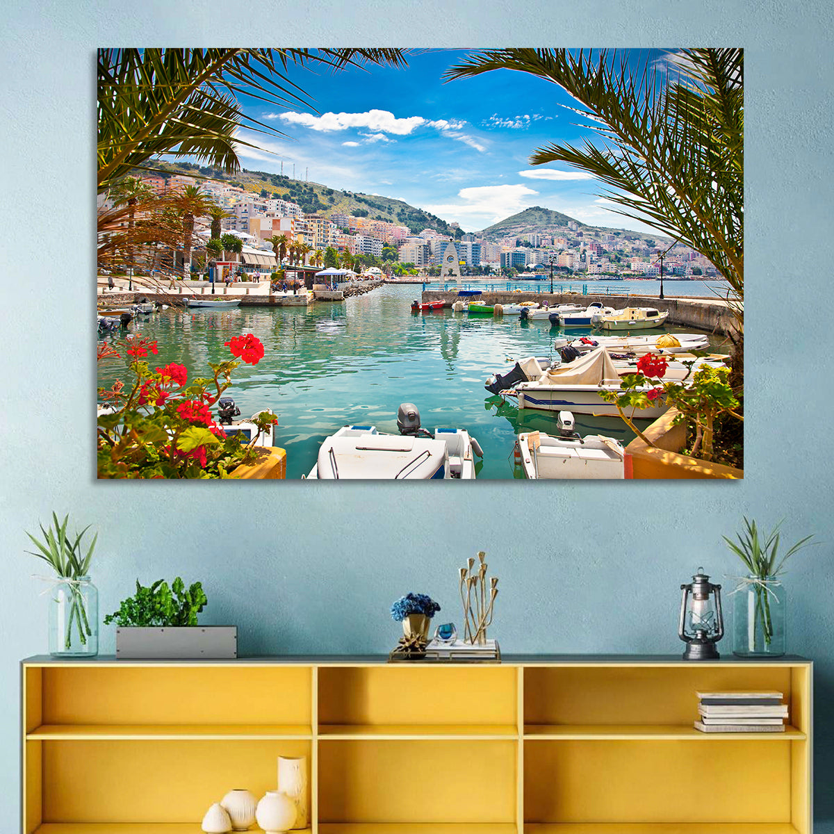 Saranda Harbor View Wall Art in a room, landscape