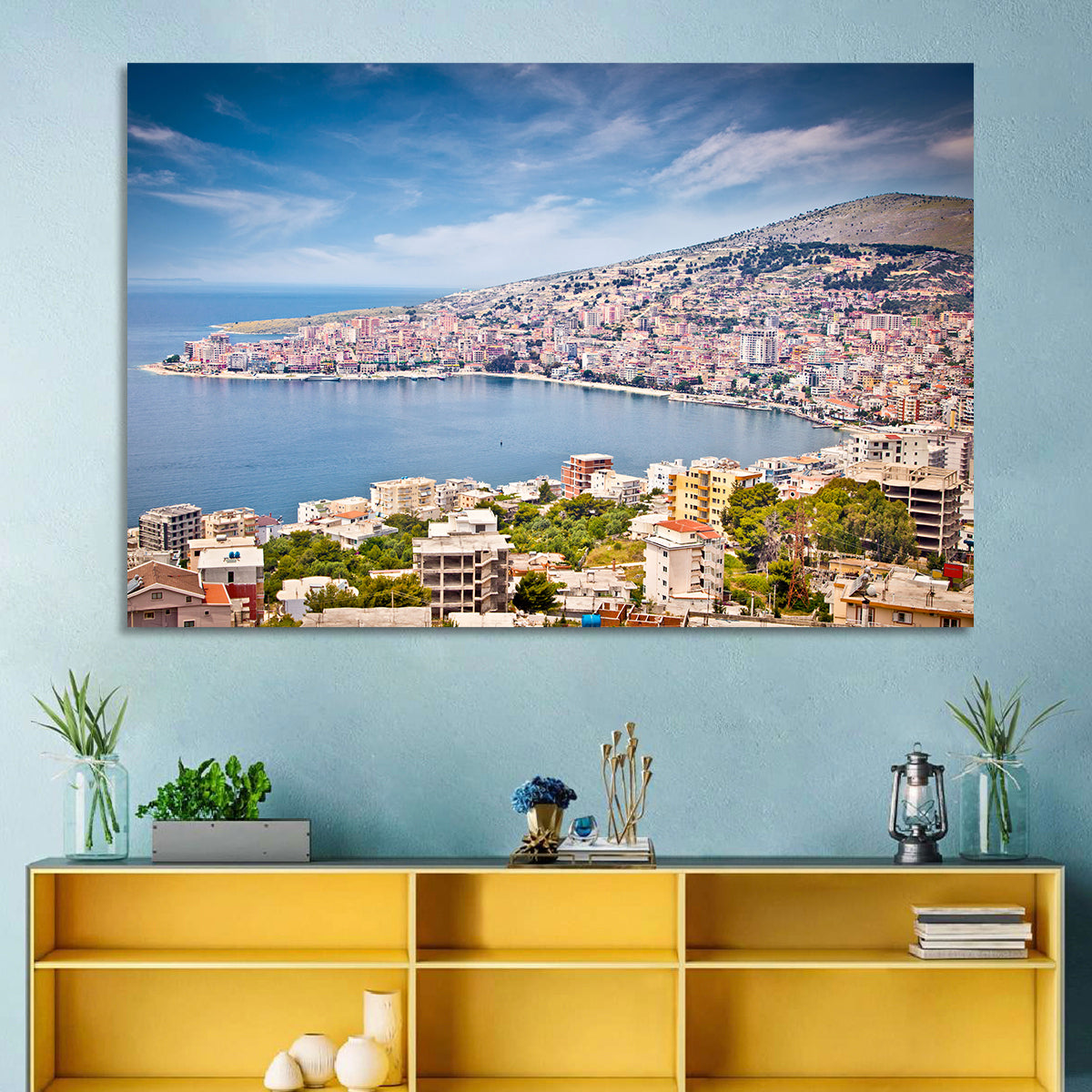 Saranda Bay Cityscape Wall Art in a room, landscape