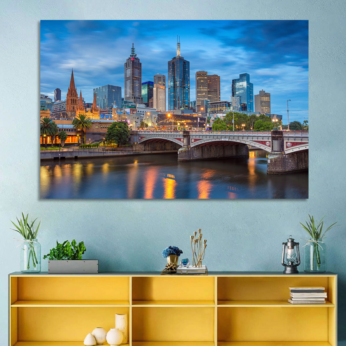Melbourne Blue Hour Skyline Wall Art in a room, landscape
