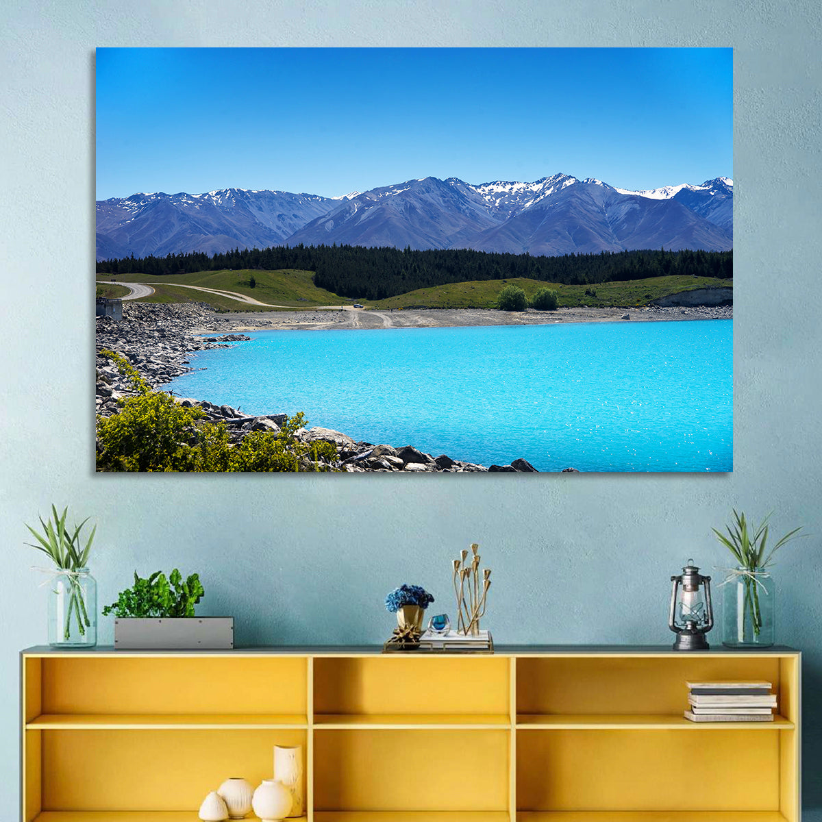 Lake Pukaki Turquoise View Wall Art in a room, landscape