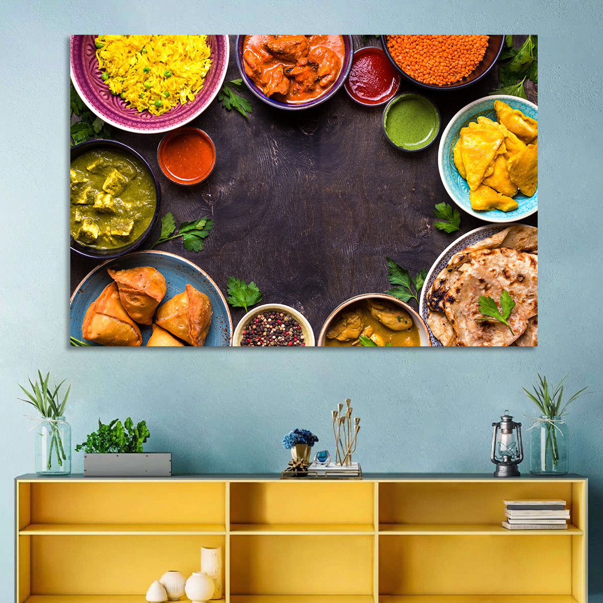 Indian Feast Flat-lay Wall Art in a room, landscape