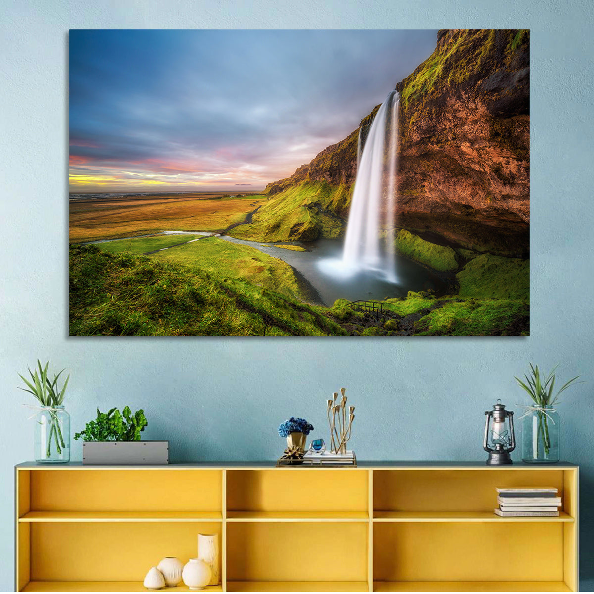 Seljalandsfoss Waterfall Wall Art in a room, landscape