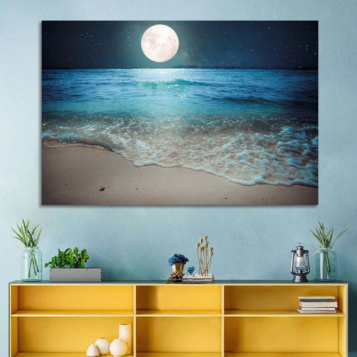 Full Moon Over Beach Wall Art in a room, landscape