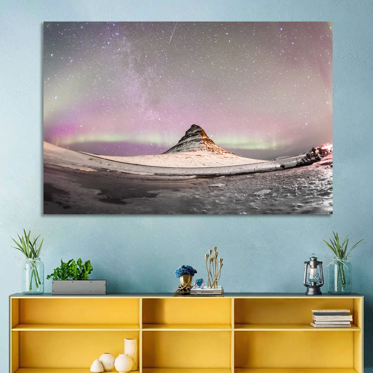 Aurora Over Kirkjufell Wall Art in a room, landscape