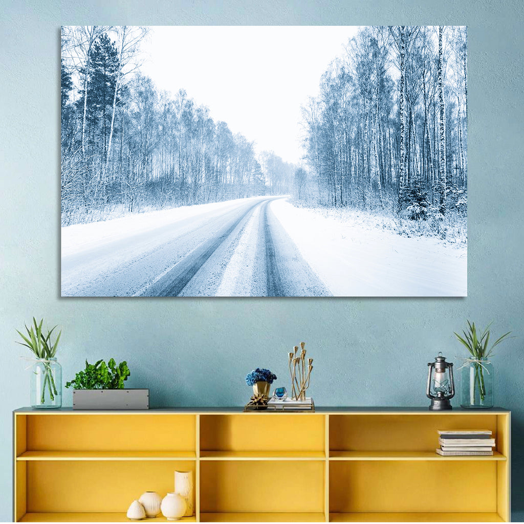 Tire Tracks on Snowy Road Wall Art