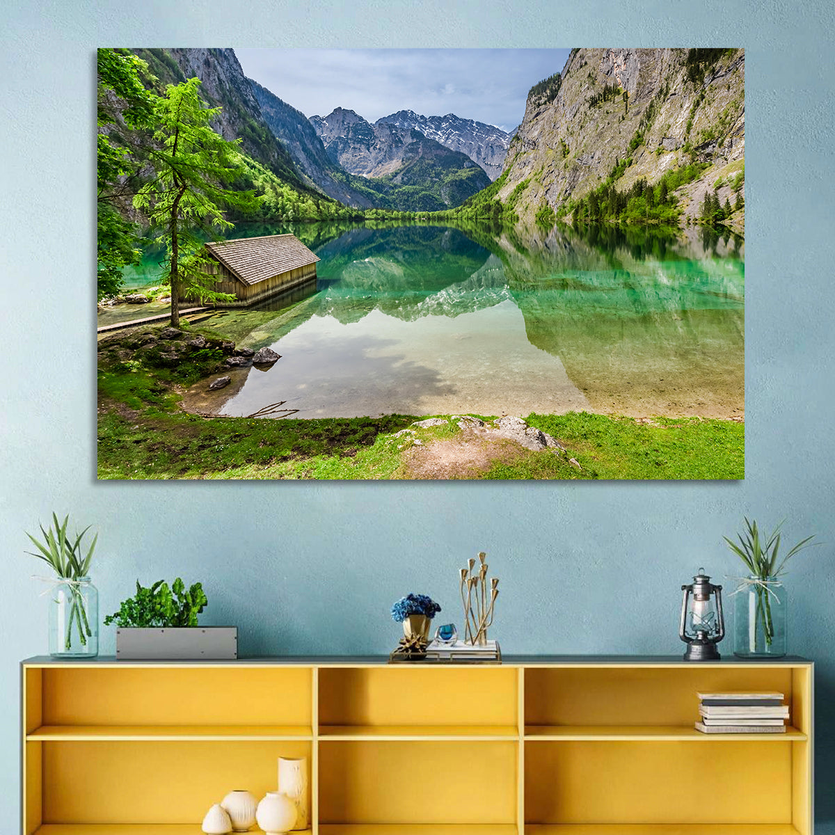 Obersee Boathouse Reflection Wall Art in a room, landscape