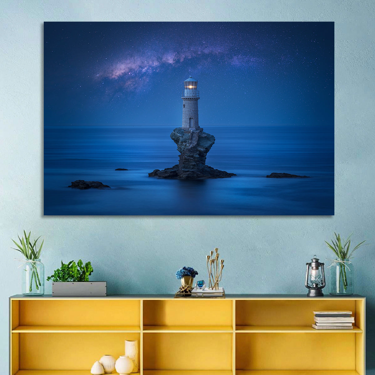 Tourlitis Lighthouse Nightscape Wall Art in a room, landscape