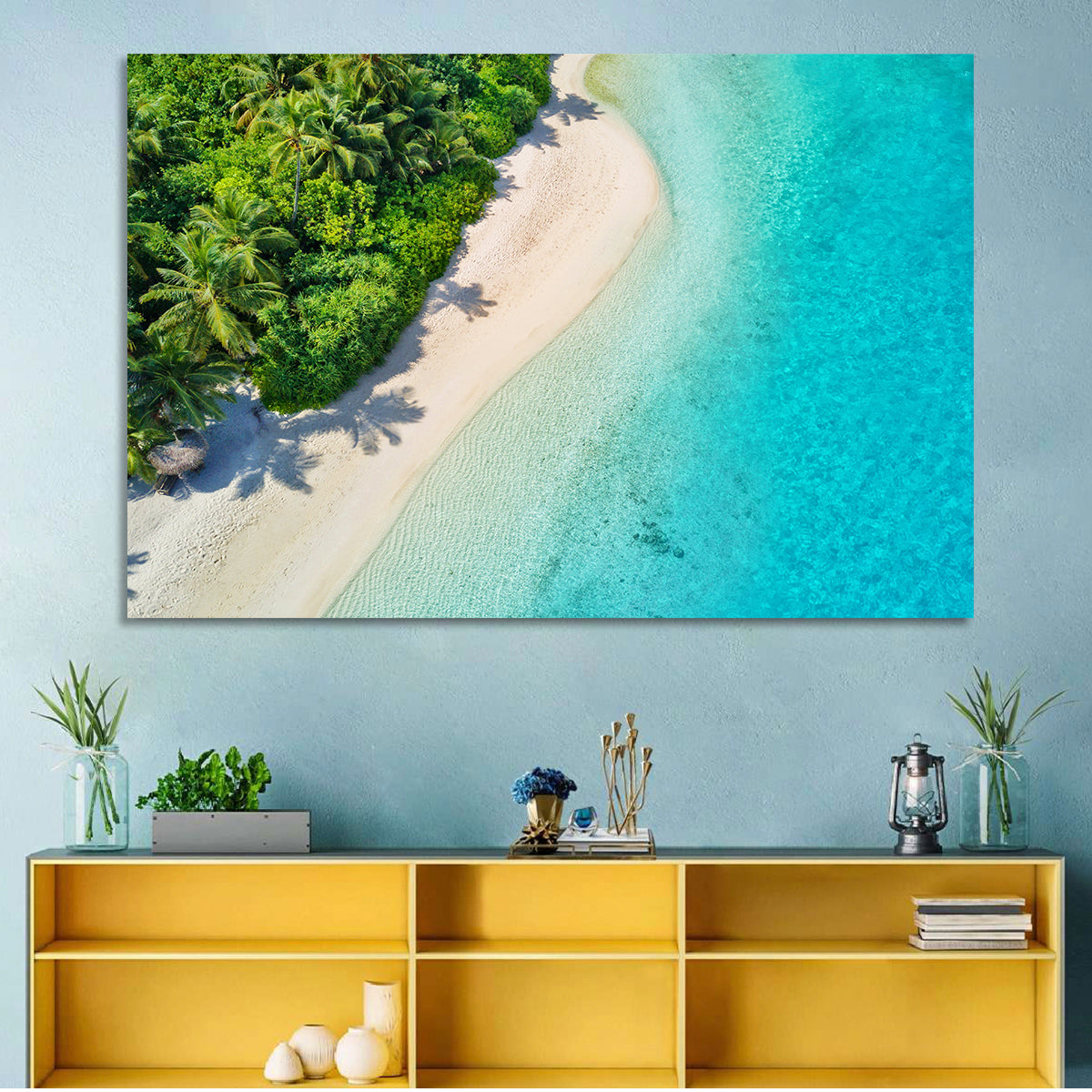 Secluded Tropical Beach Wall Art in a room, landscape