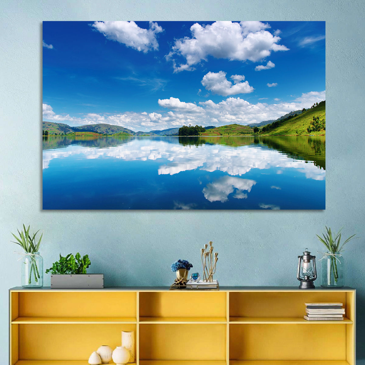 Bunyonyi Lake Reflection Wall Art in a room, landscape